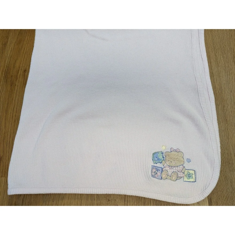 Just Born Pink thermal baby receiving blanket waffle weave teddy bear blocks